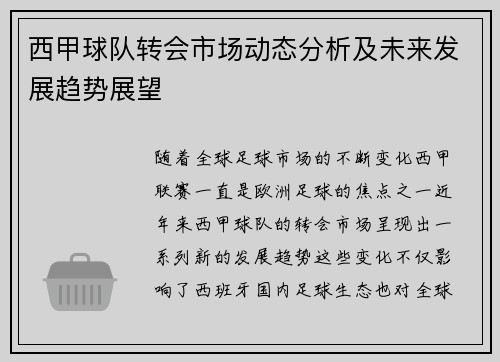 西甲球队转会市场动态分析及未来发展趋势展望