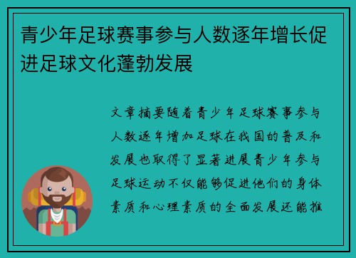 青少年足球赛事参与人数逐年增长促进足球文化蓬勃发展 青少年足球赛事参与人数逐年增长促进足球文化蓬勃发展