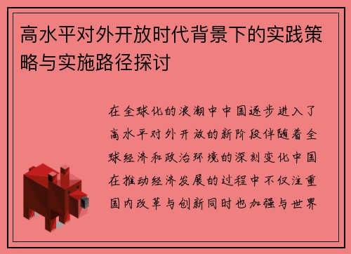 高水平对外开放时代背景下的实践策略与实施路径探讨 高水平对外开放时代背景下的实践策略与实施路径探讨